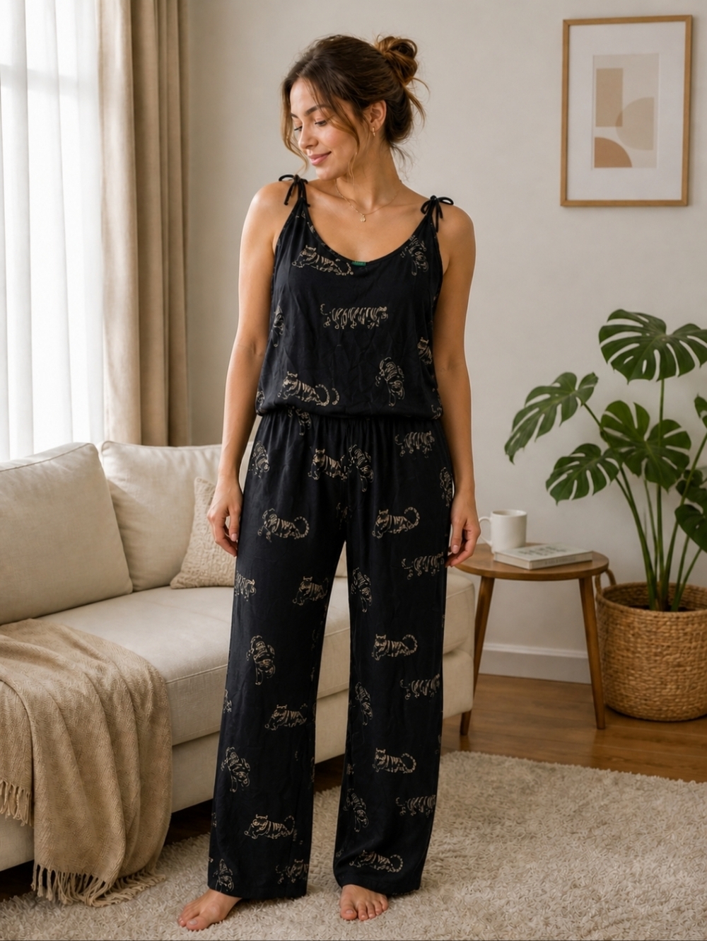 Polonio lounge wear relax outfit tiger print black size xs silk blend